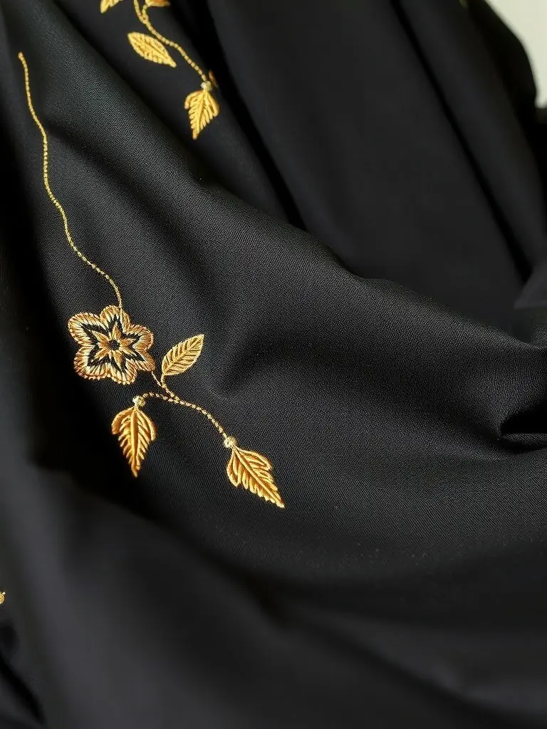عباية سوداء مطرزة يدويًا بخيط ذهبي مع حزام جلد طبيعي وأكمام واسعة للسهرات