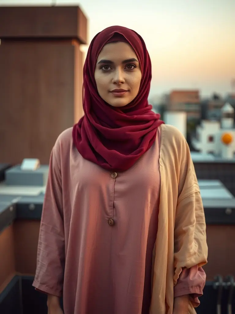 ست على سطح في القاهرة لابسة عباية كتان وردي وطرحة شيفون نبيتي وشال حرير دهبي